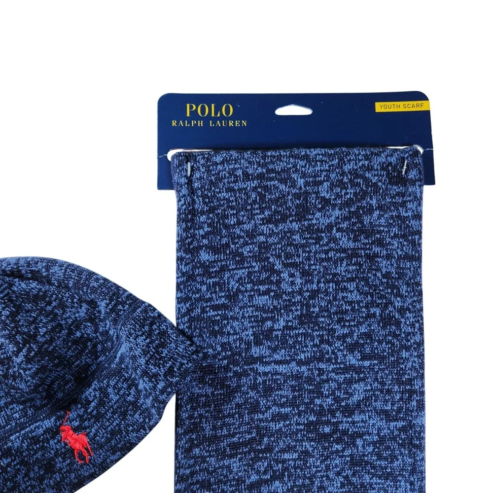 Polo Ralph Lauren Youth Beanie Scarf Set Blue Knit Embroidered Pony Discontinued